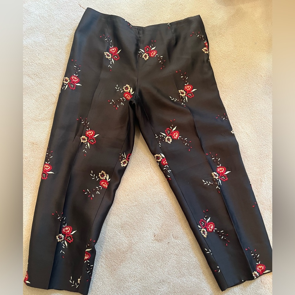 Dana Buchman Brown Silk Pants with Red and Tan floral Design